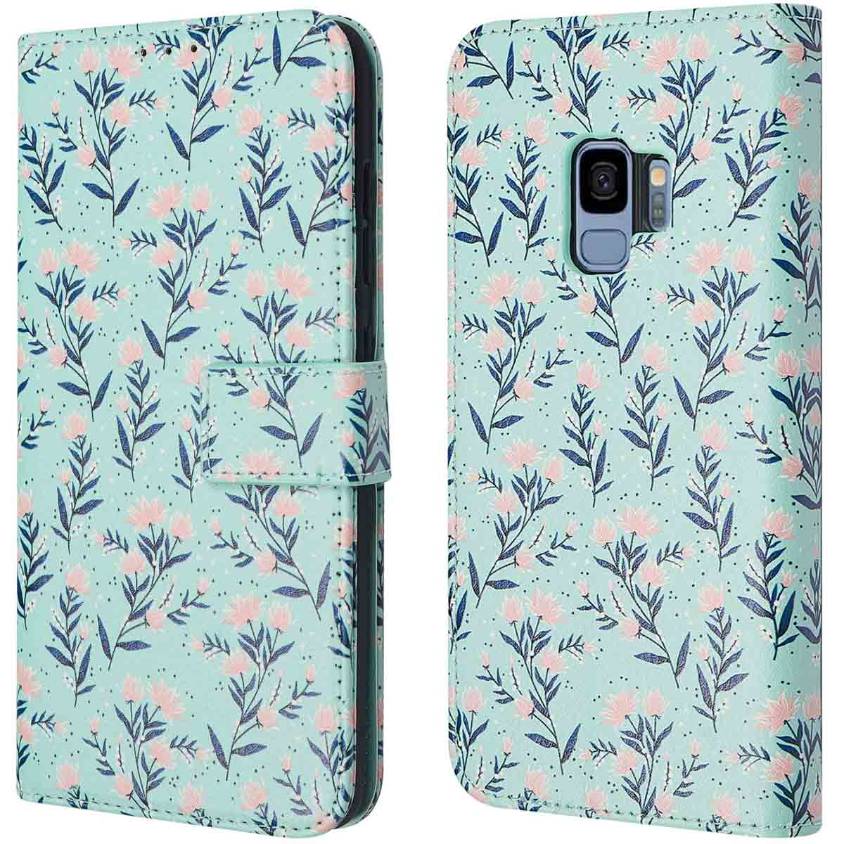 Telefoonhoesje open en dicht, bloemenprint met roze bloemen en blauwe bladeren. Mintgroene achtergrond.
