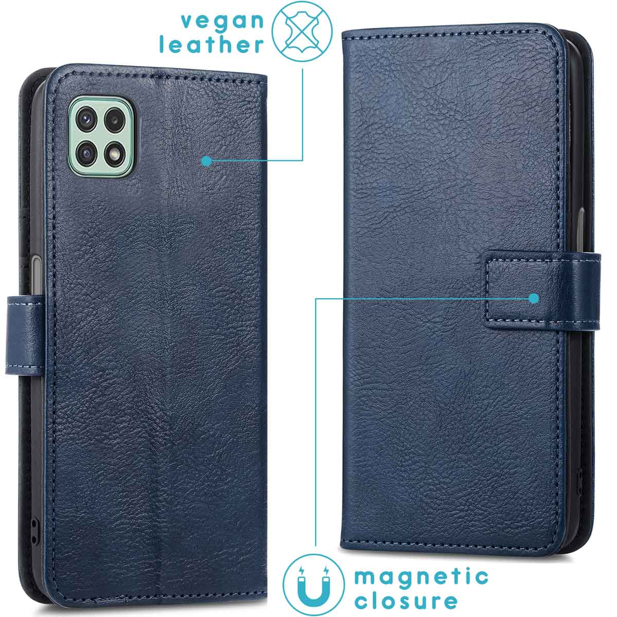 Blauwe telefoonhoes met magnetische sluiting. Tekst zegt: 'vegan leer' en 'magnetische sluiting'.
