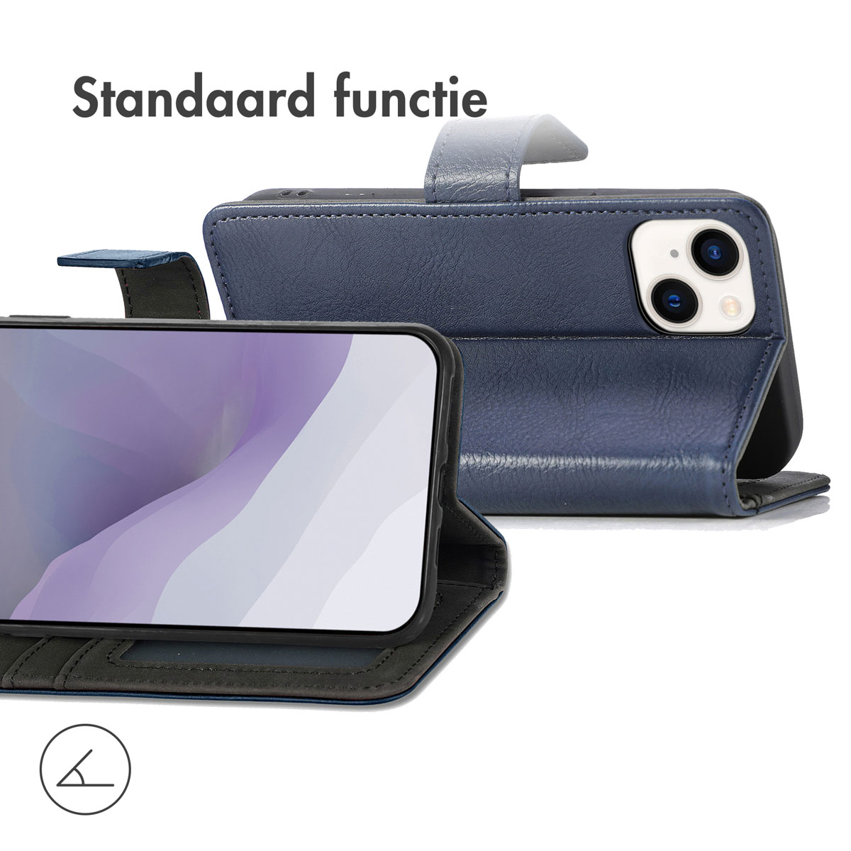 Donkerblauw telefoonhoesje in geopende positie met telefoon erin.