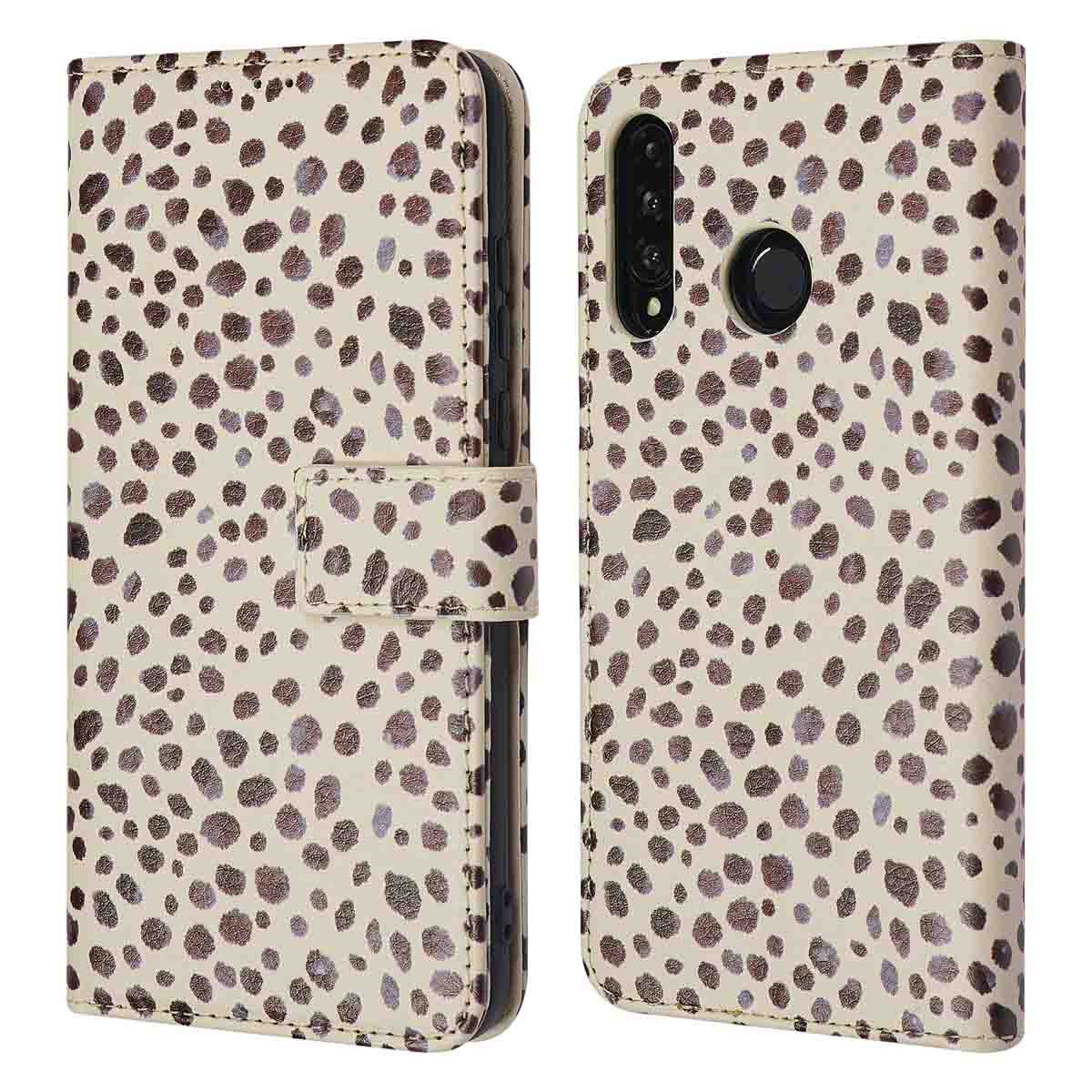 Una custodia per telefono beige con macchie marroni leopardate.