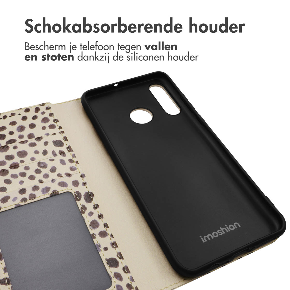 Custodia per telefono in silicone nero con dettaglio portafoglio leopardato.