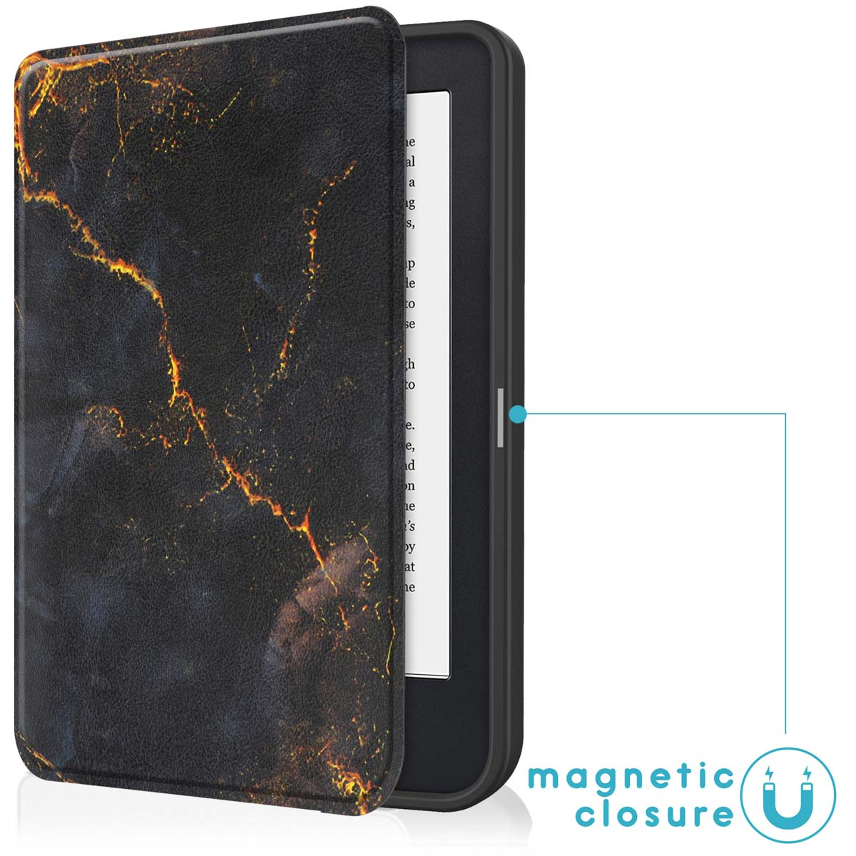 E-reader hoes, gesloten. Donkere hoes met gouden marmering. De hoes heeft een magnetische sluiting.