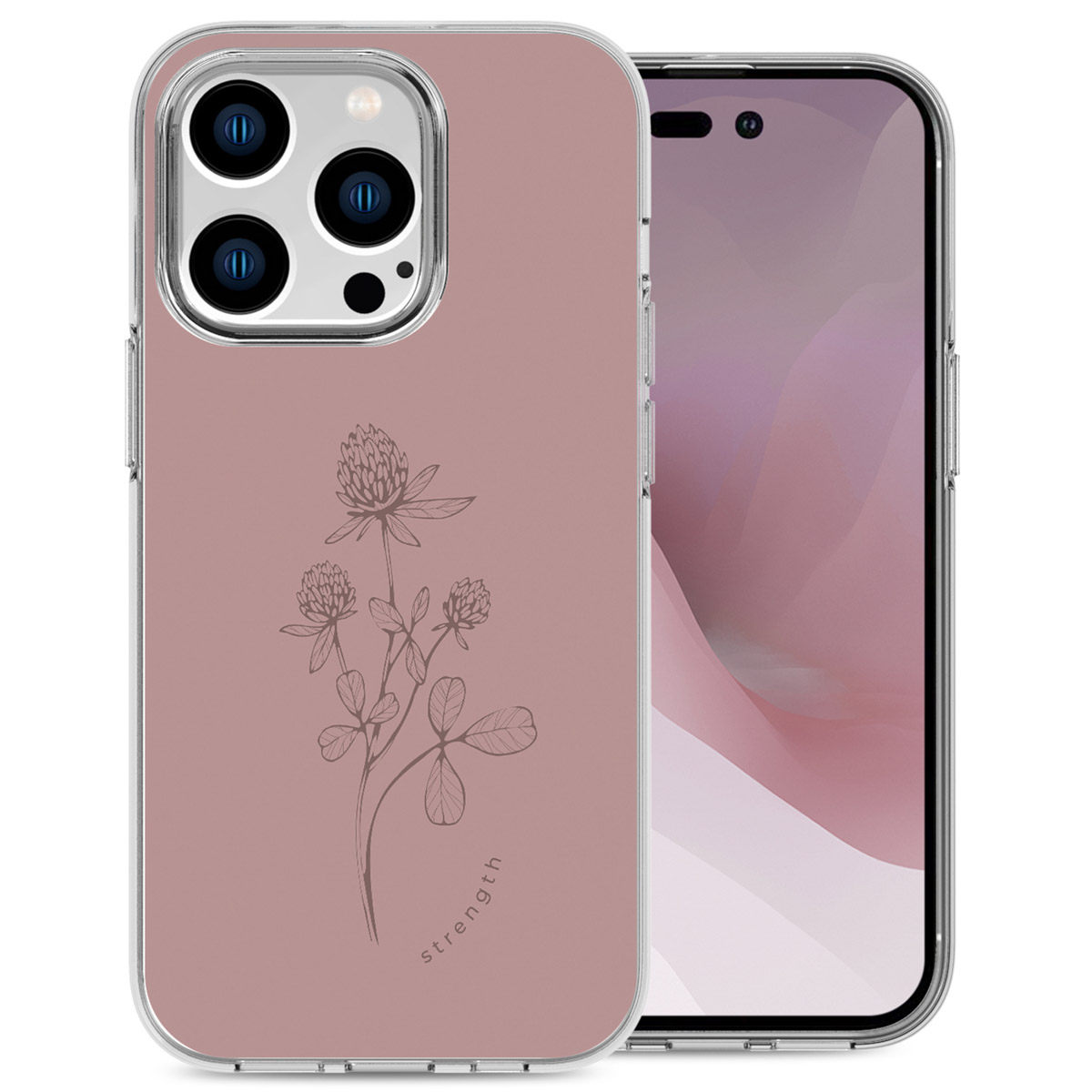 Una custodia rosa con un disegno floreale. C'è un telefono all'interno della custodia. La custodia è trasparente sui bordi.