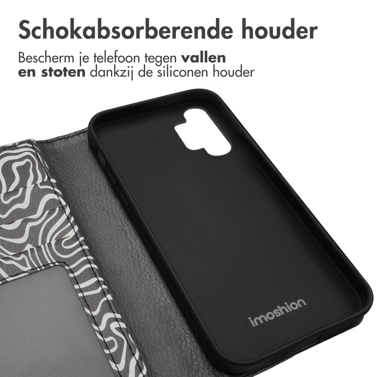 Zwarte telefoonhoes met zebraprint, open getoond.