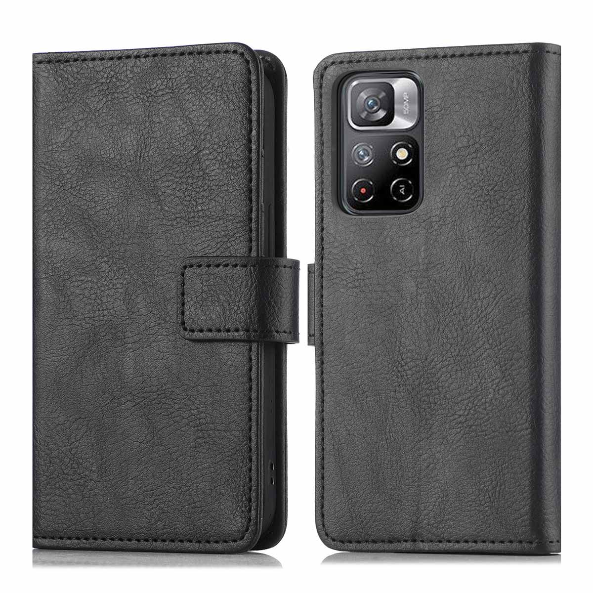 Una custodia in pelle nera, aperta. Il telefono è dentro la custodia. La custodia ha una chiusura magnetica.