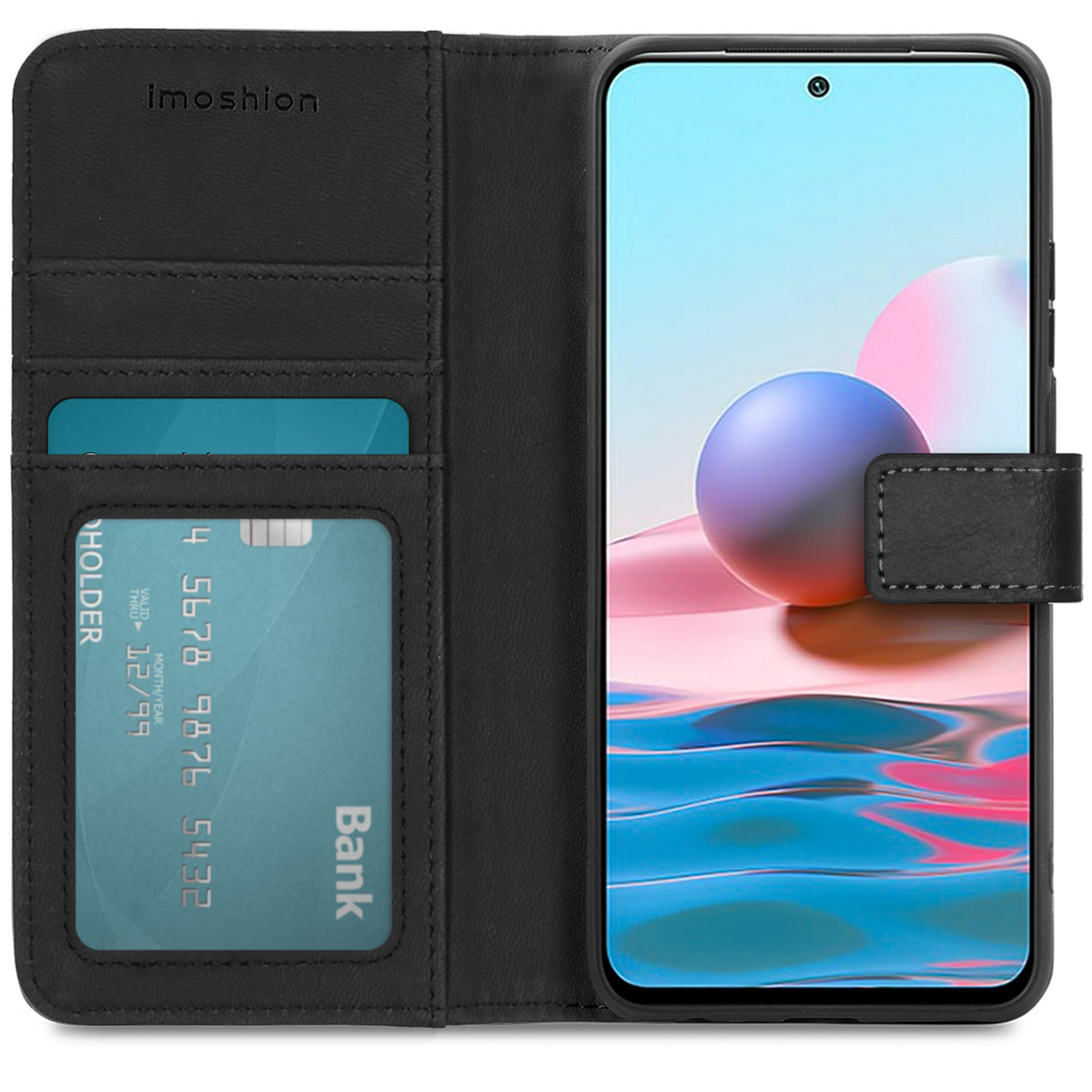Custodia nera con fessure per carte e telefono con sfondo blu.