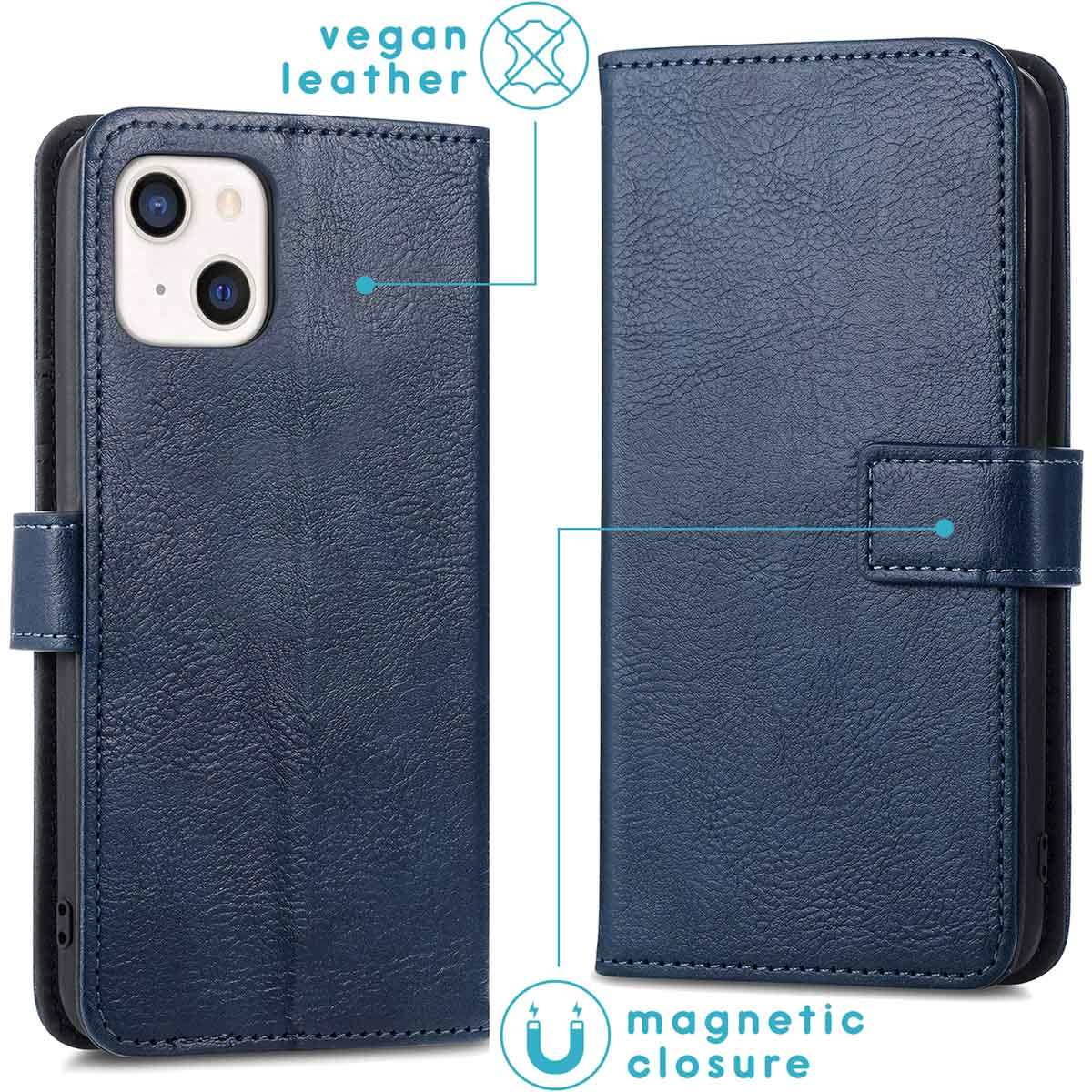 Donkerblauwe vegan lederen telefoonhoes met magneetsluiting en telefoonhouder.