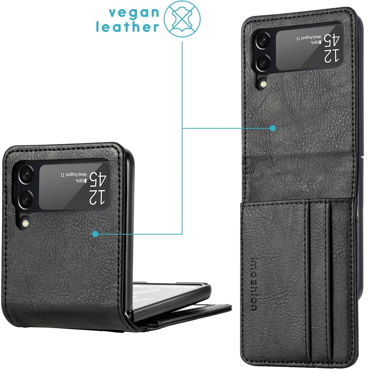 Étui en cuir vegan noir pour smartphone pliable avec fentes pour cartes et écran externe.