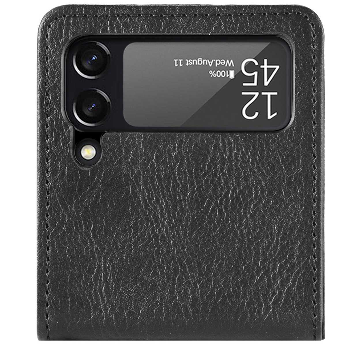 Étui de téléphone en cuir noir avec une fenêtre ouverte affichant l'heure et la date.