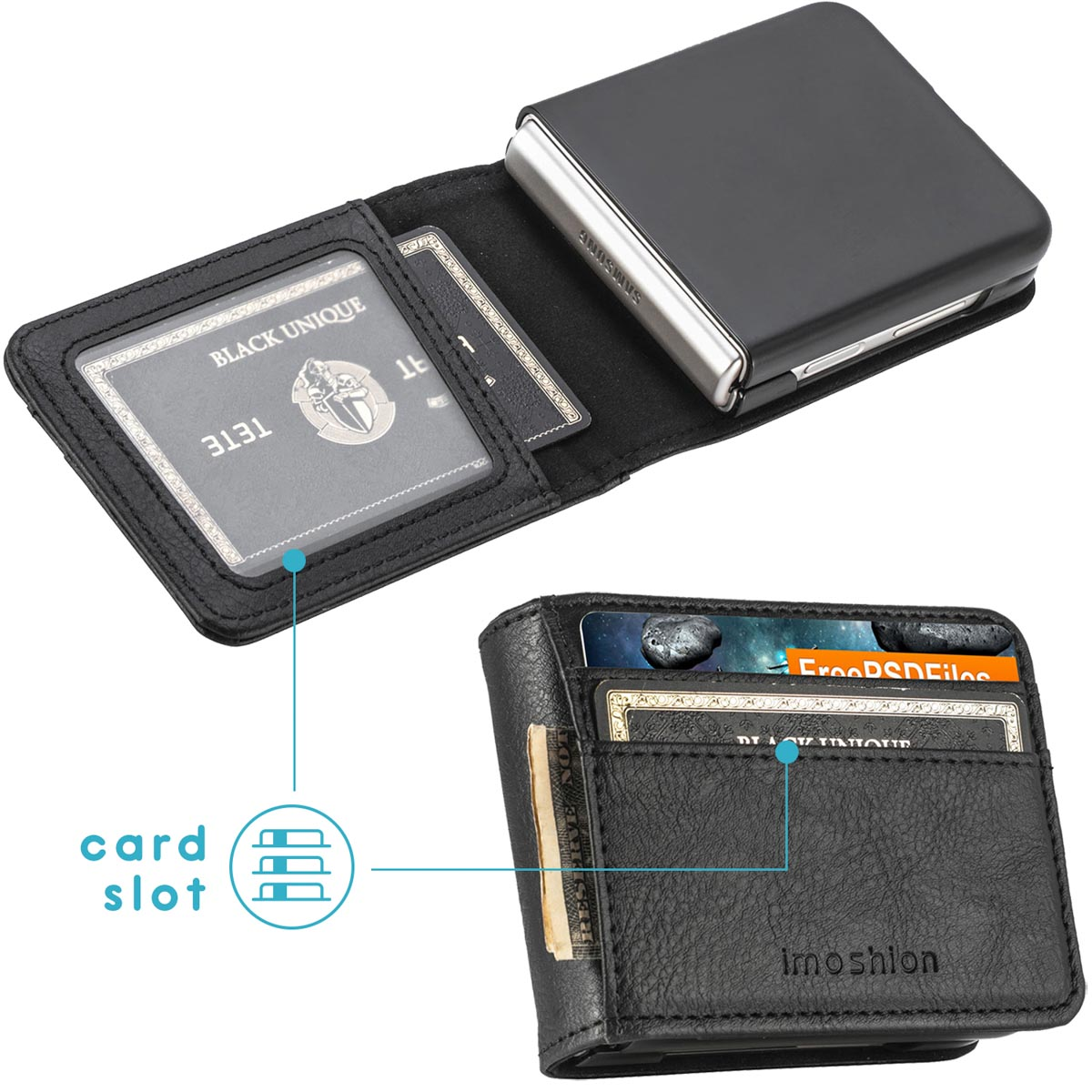 Portefeuille en cuir noir ouvert, montrant des cartes et un étui de téléphone avec logo Samsung.