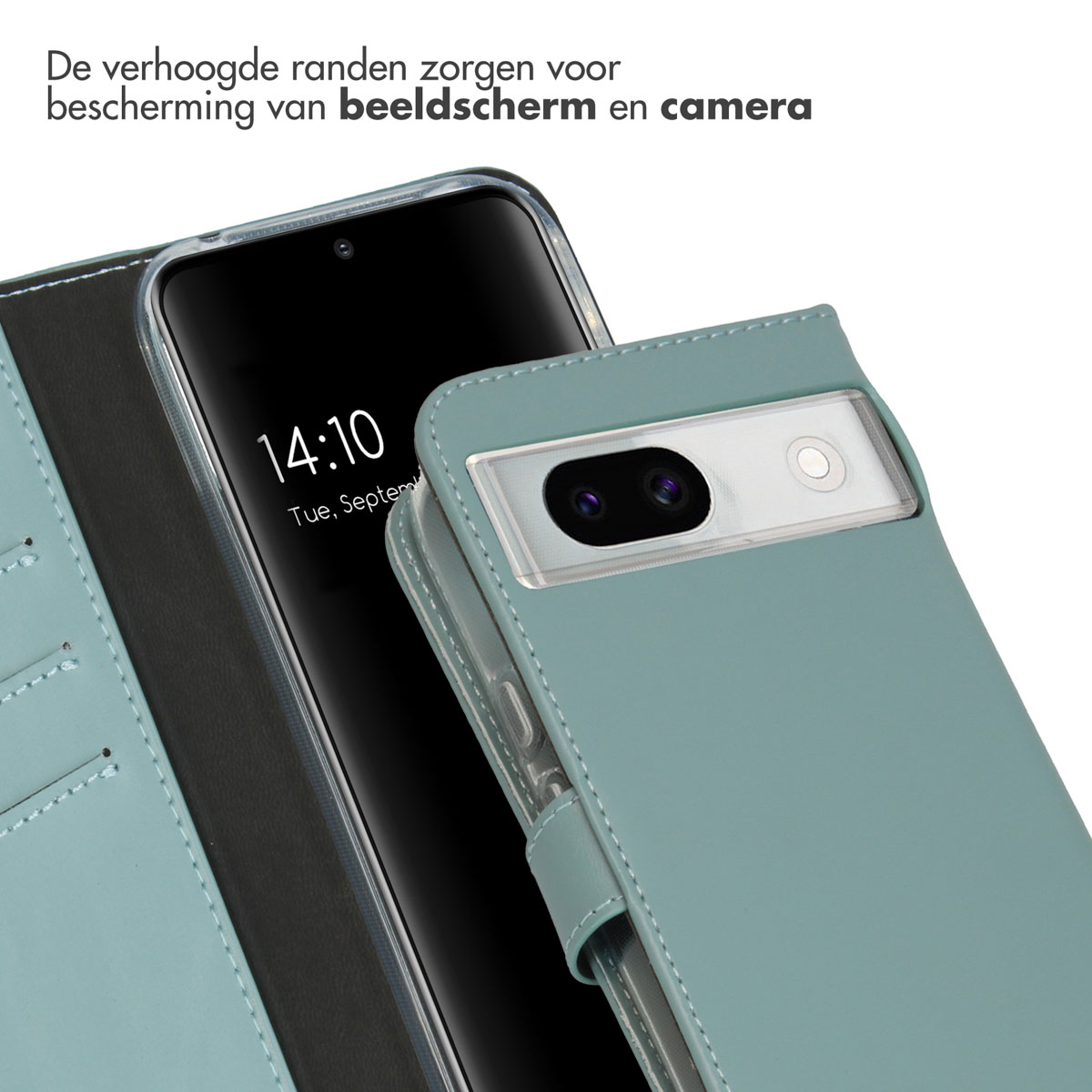 Een turquoise telefoonhoesje met een telefoon erin, met de tijd 14:10 en een camera.