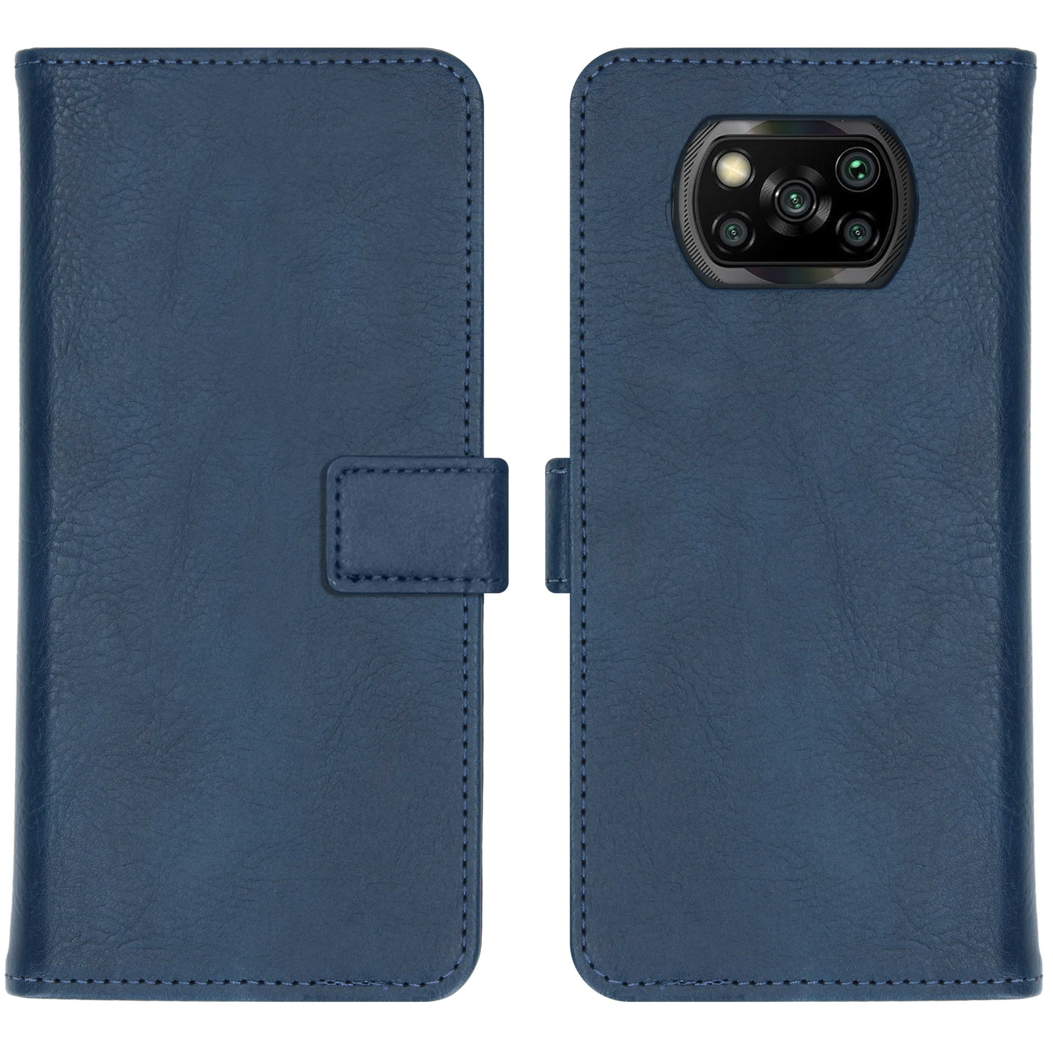 Étui de téléphone bleu foncé ouvert, montrant l'unité caméra.