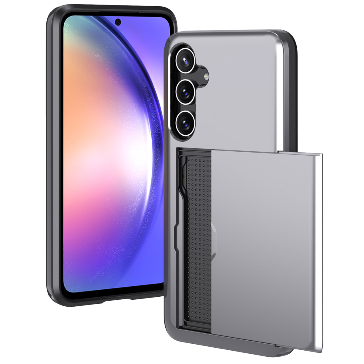 Zilveren telefoon en hoesje. Zilveren telefoon met een hoesje met een schuifvak.