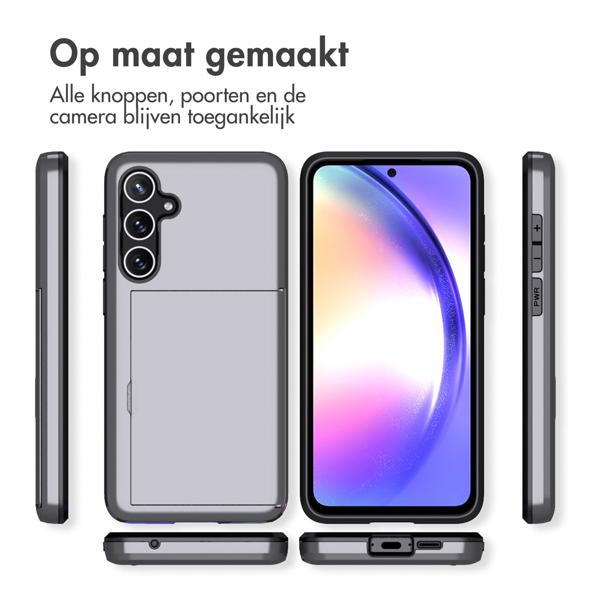 Een grijze telefoonhoes met een telefoon erin, met meerdere weergaven.