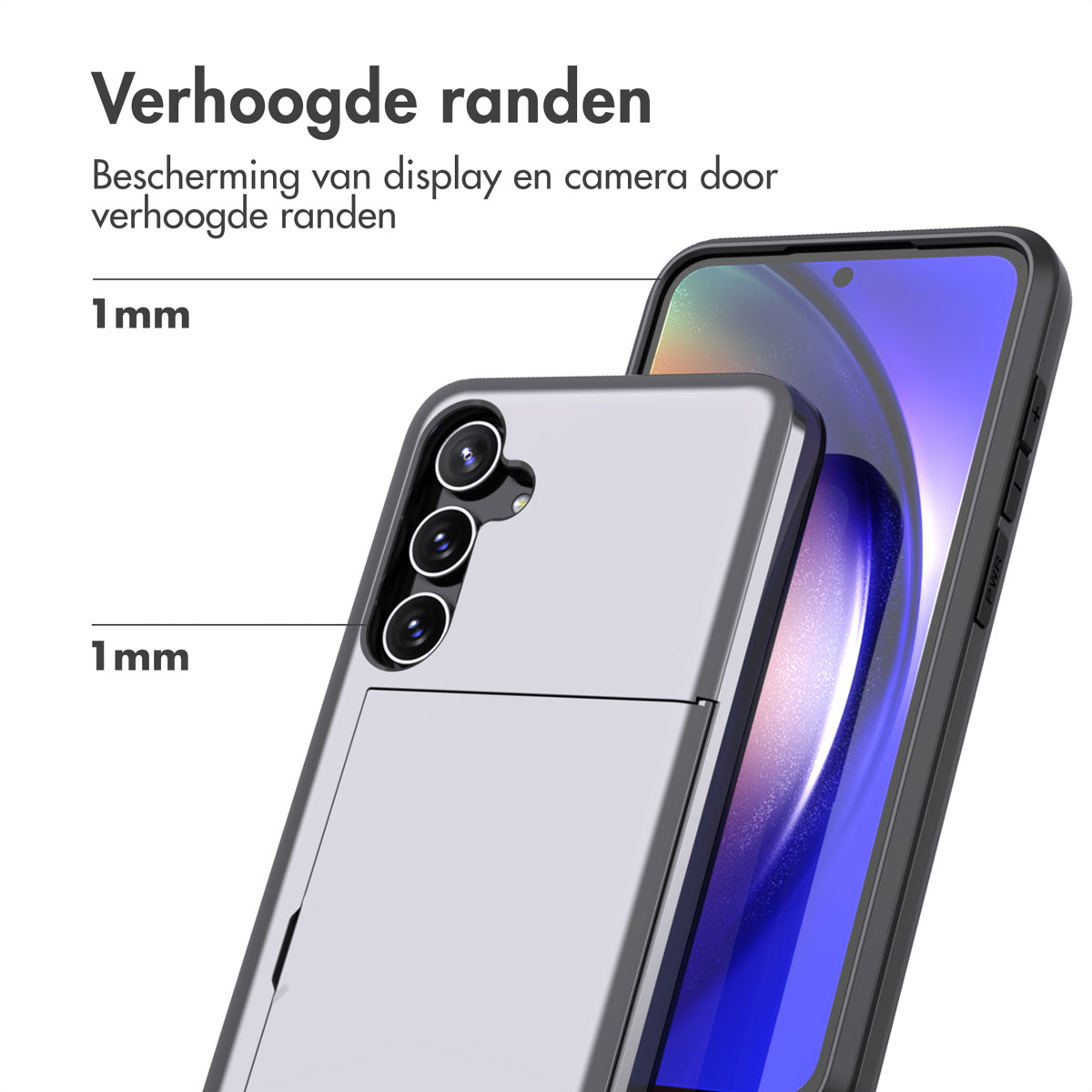 Zilveren telefoonhoesje met zwarte rand beschermt een telefoon. Tekst: