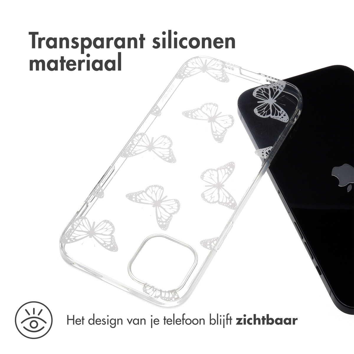Coque de téléphone transparente avec motif papillon. Le téléphone est dans la coque.