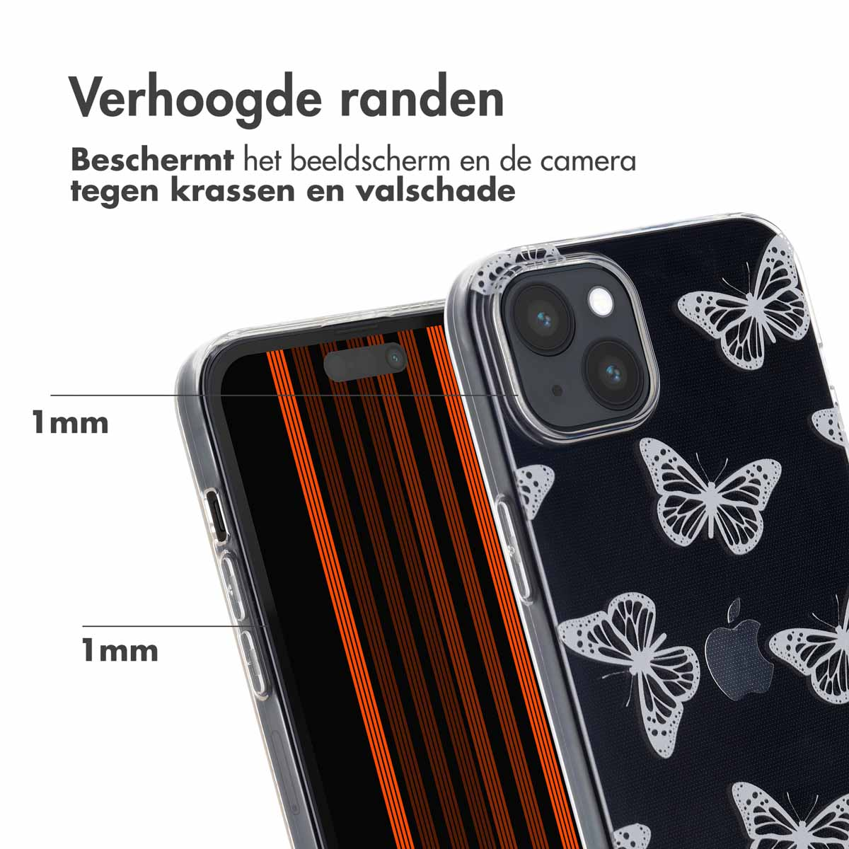 Coque noire avec des papillons blancs, sur le téléphone. La coque protège l'écran.