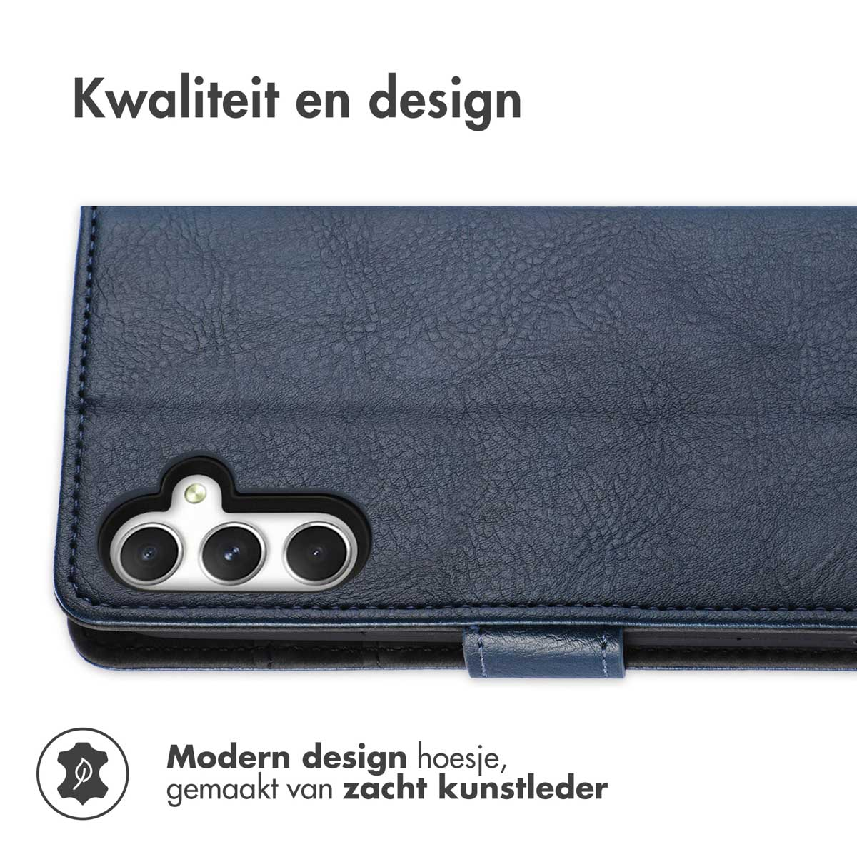 Étui de téléphone en similicuir bleu foncé avec découpe pour appareil photo. Qualité et design.