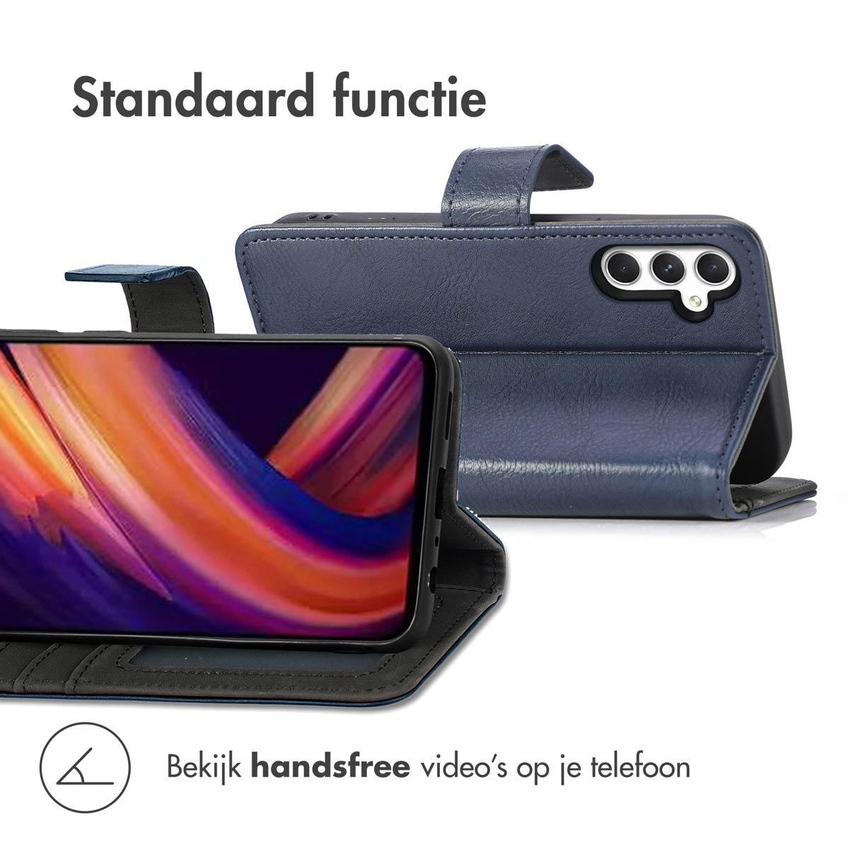 Une coque de téléphone bleue est montrée avec un téléphone affichant un écran coloré. Texte : 'Standaard functie'.
