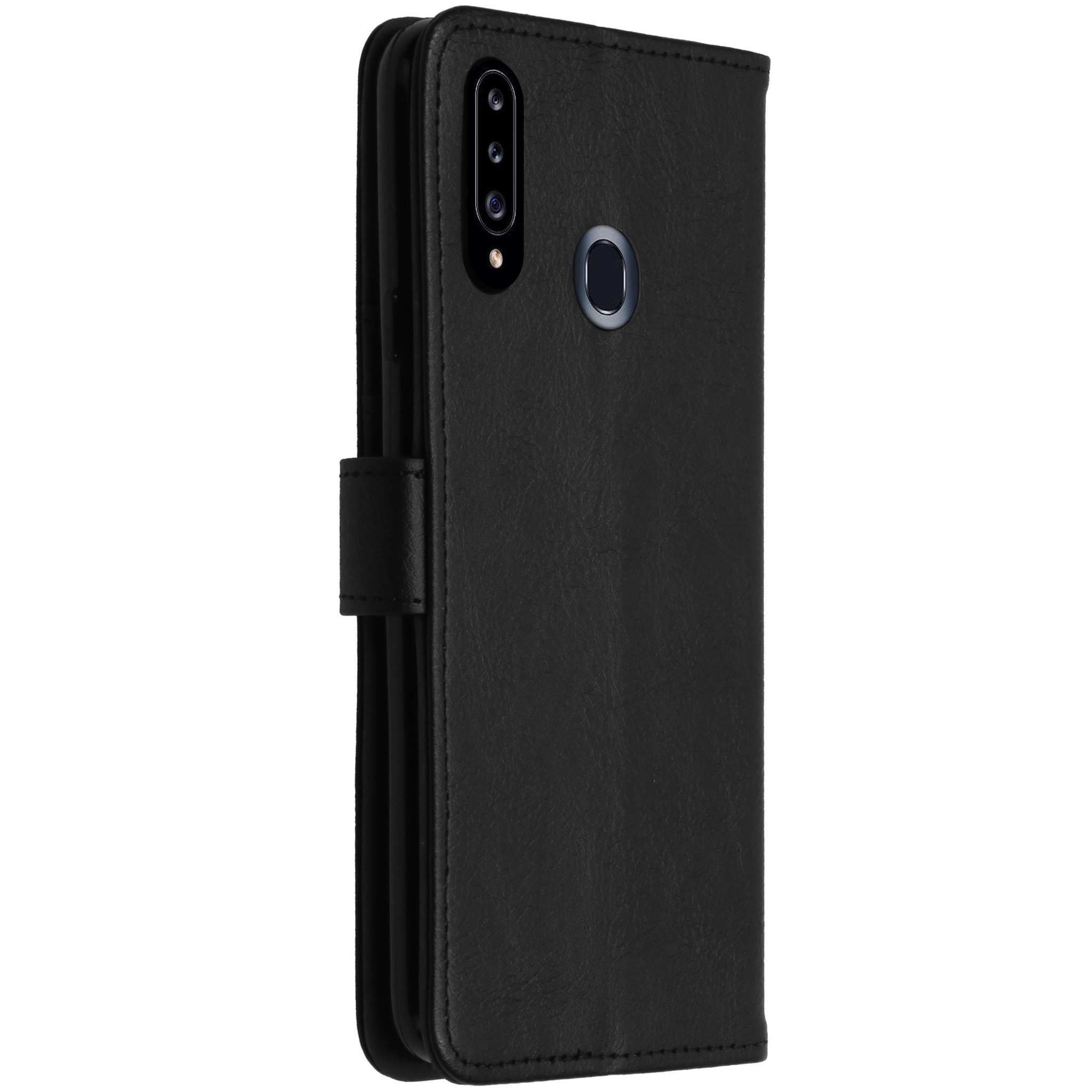 Zwarte leren telefoonhoes, open, met cameralens en vingerafdruksensor.