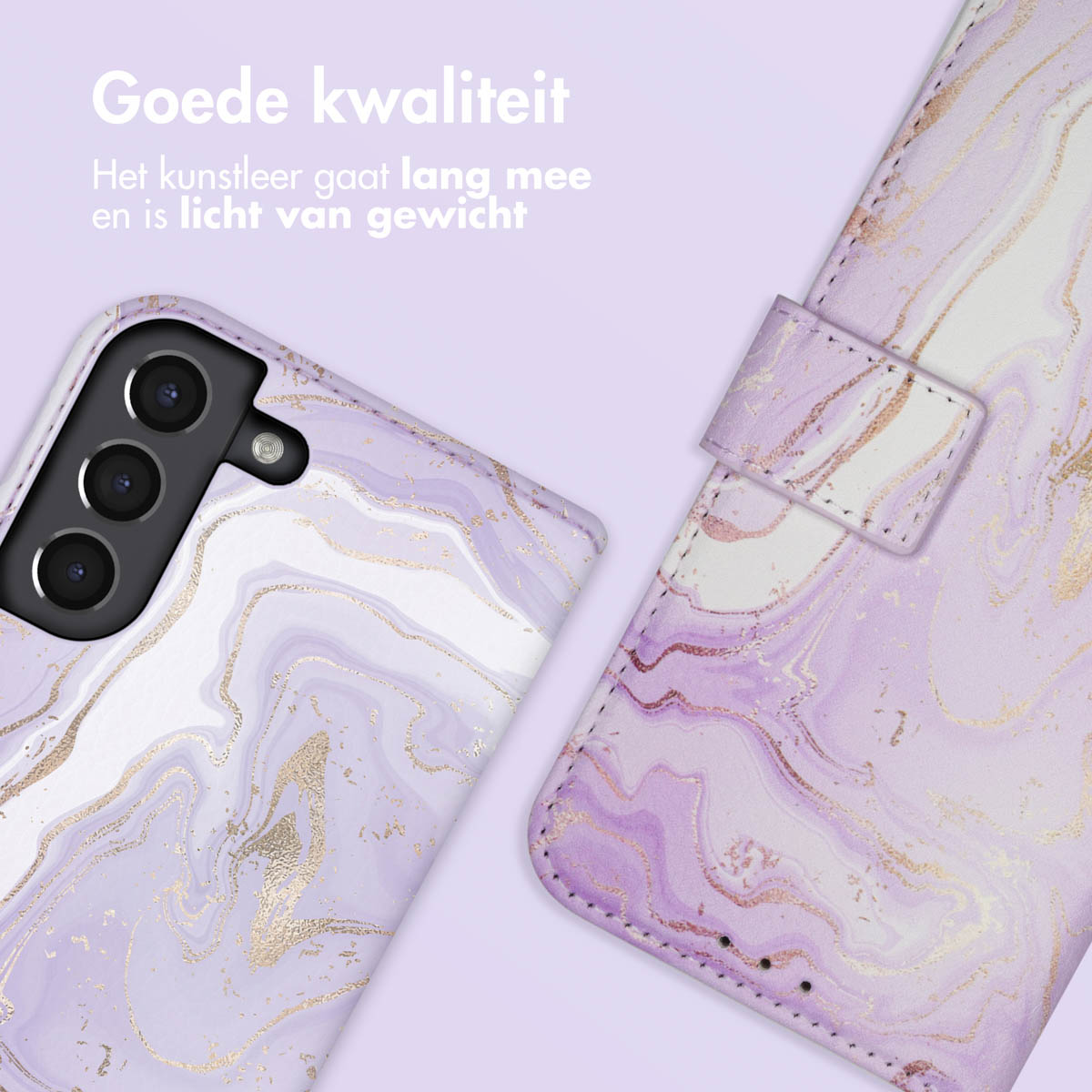 Paarse marmeren telefoonhoes en portemonnee met gouden accenten op lichte achtergrond.