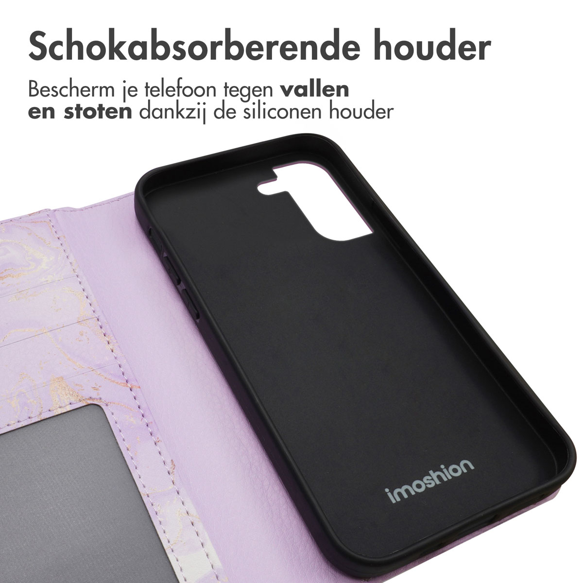 Zwarte telefoonhoes met paars marmerpatroon binnenkant en kaartsleuven.