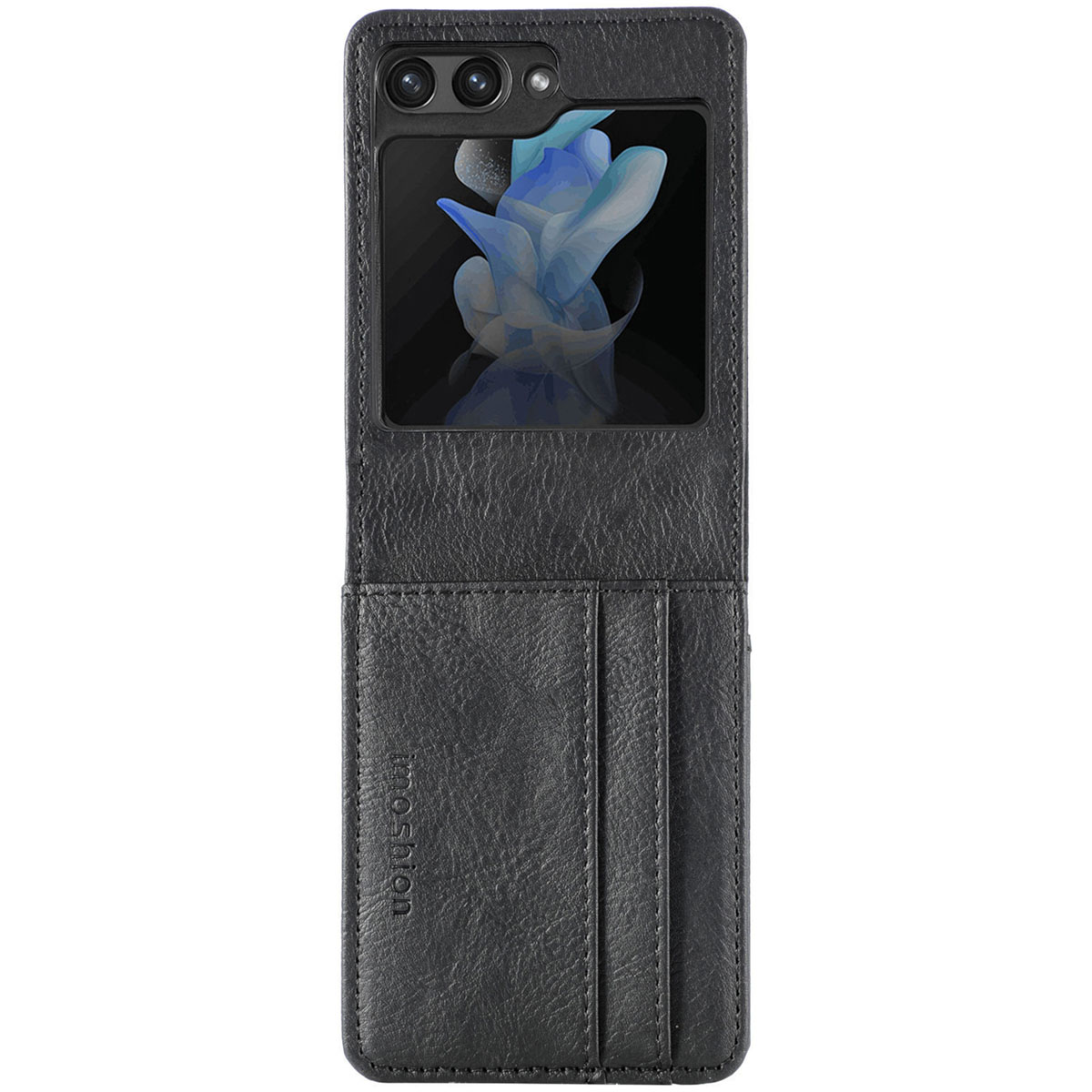 Custodia per telefono nera con scomparti per carte. Lo schermo del telefono è visibile. Testo: Soft touch.