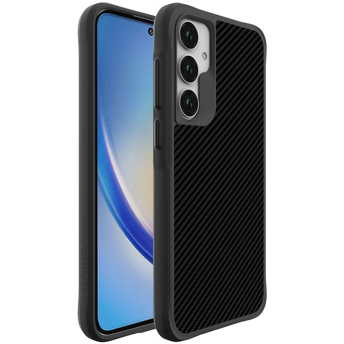 Une coque de téléphone noire avec une texture en fibre de carbone. Un téléphone est à l'intérieur de la coque. La coque a un bord surélevé.