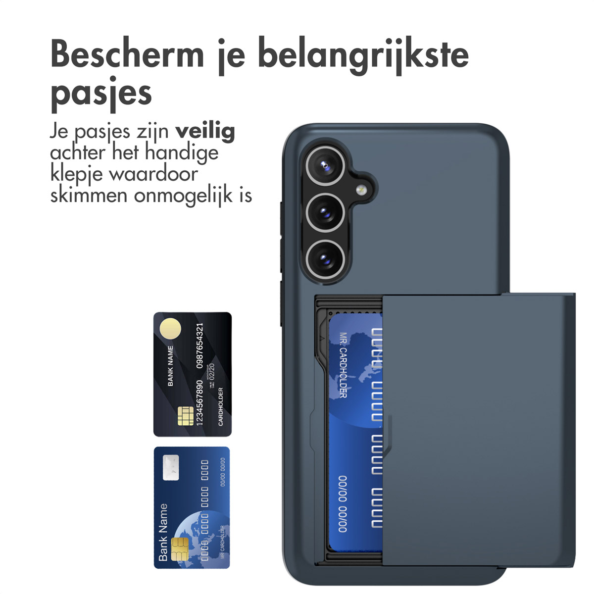 Blauwe telefoonhoes met sleuven voor kaarten, en een telefoon met kaarten.