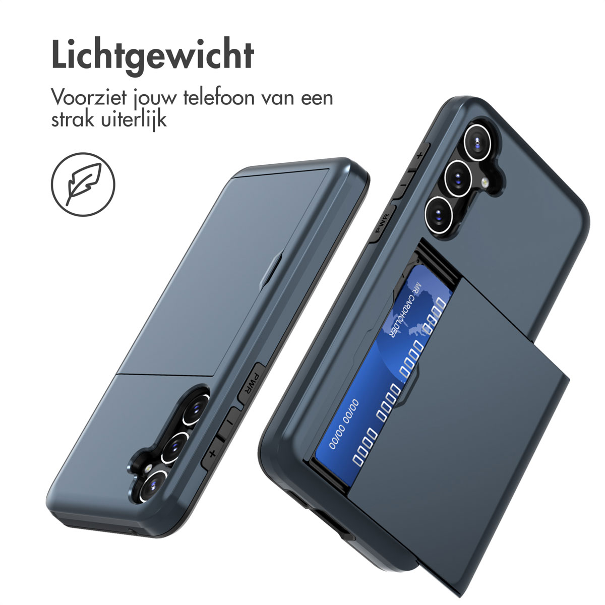 Een telefoonhoesje met een kaartsleuf en een telefoon. De hoes is donkerblauw en heeft kaartdetails.