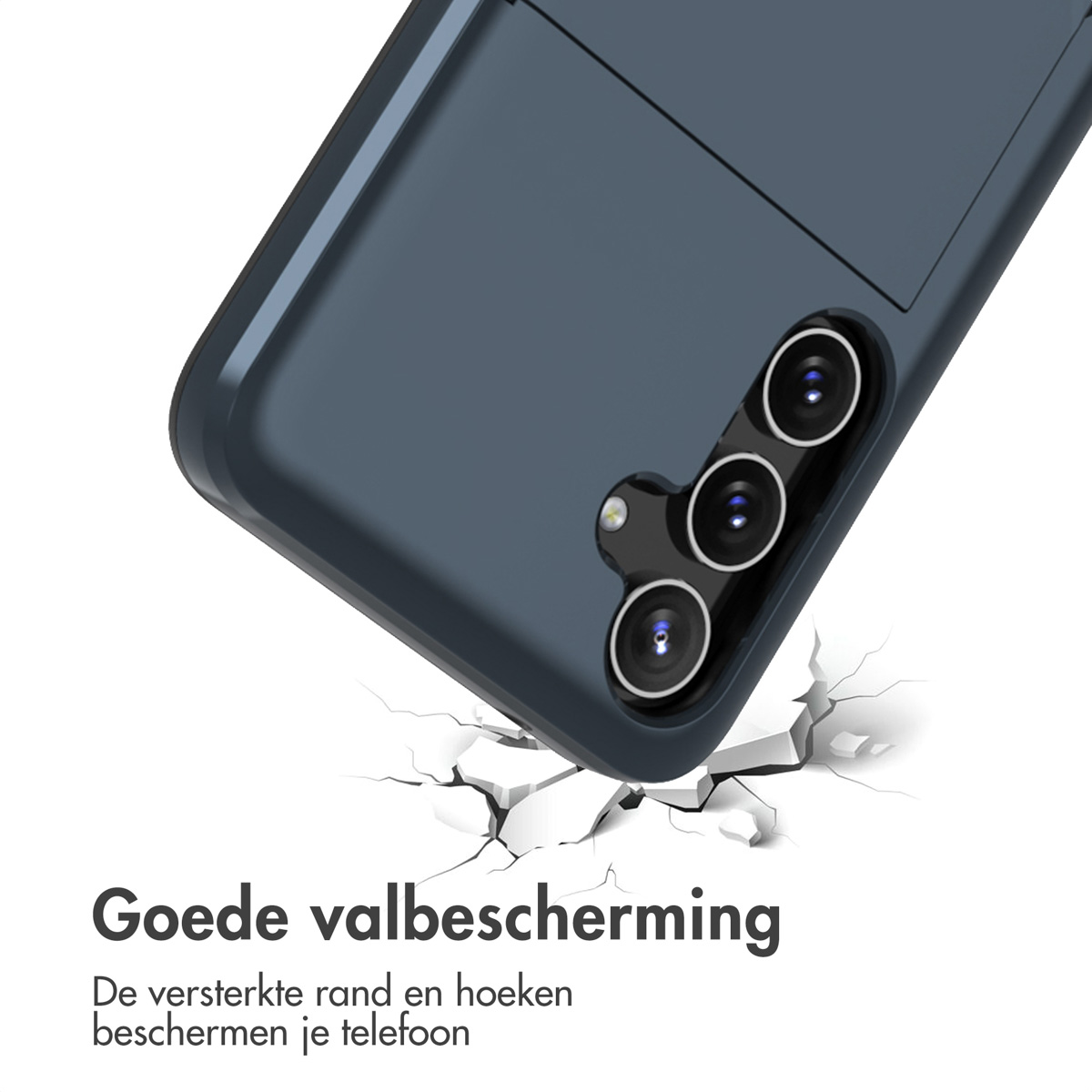 Donkerblauwe telefoonhoes met een gebarsten grondeffect, tekst onderaan.