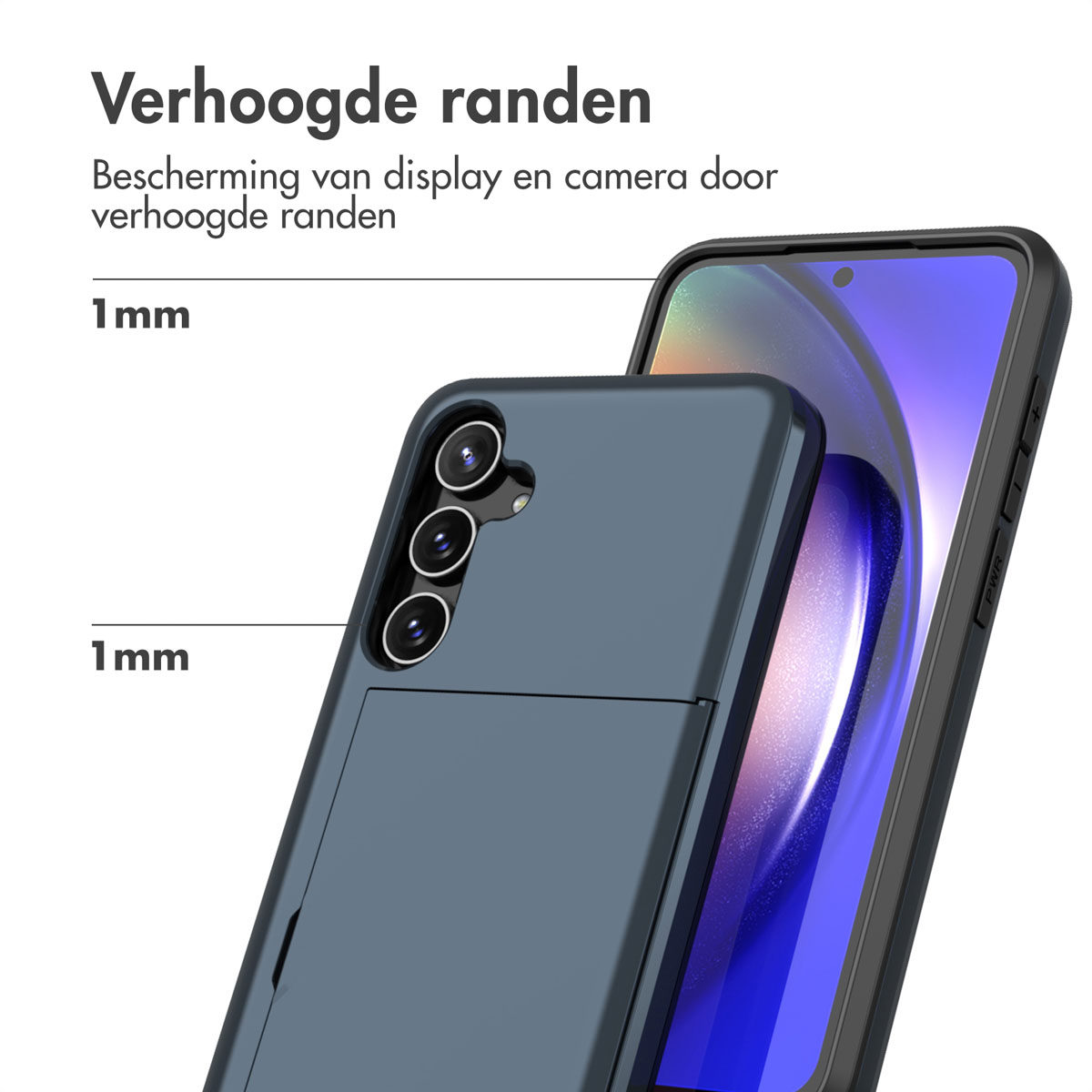 Donkerblauwe telefoonhoes met een donkerblauwe portemonnee. De telefoon zit in de hoes.