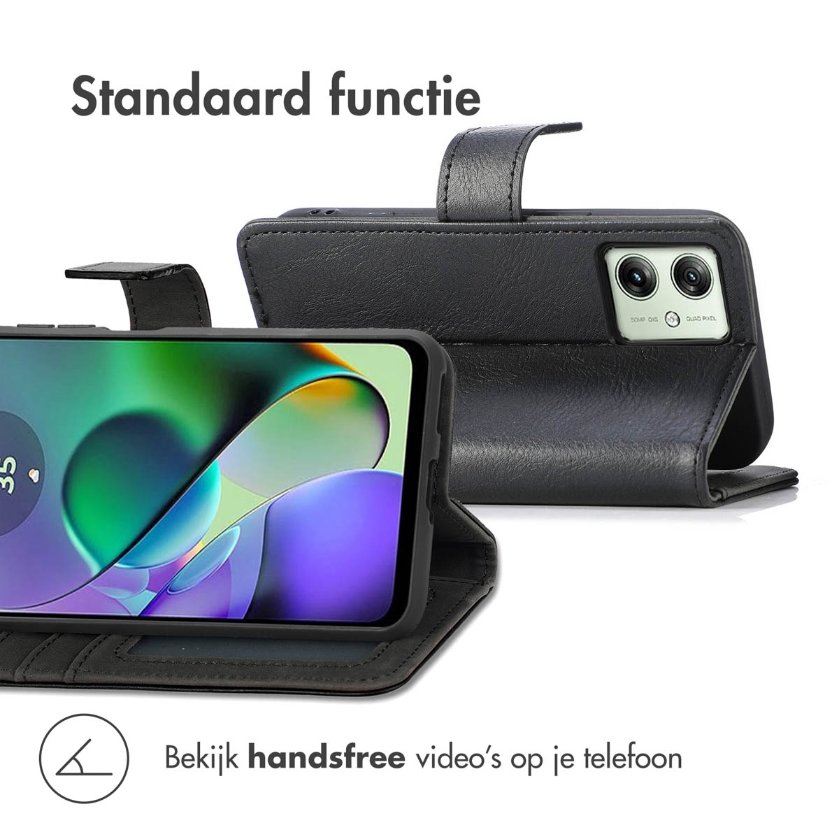 Custodia nera per telefono con funzione stand e modulo fotocamera.