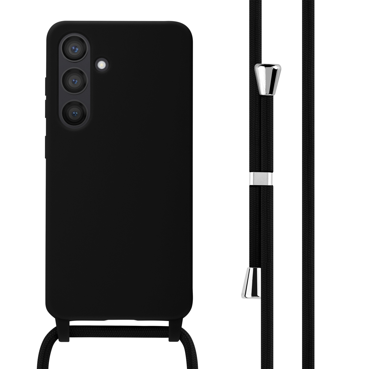 Zwarte telefoon met een zwart koord eraan bevestigd. Het koord is bedoeld om te worden gedragen.