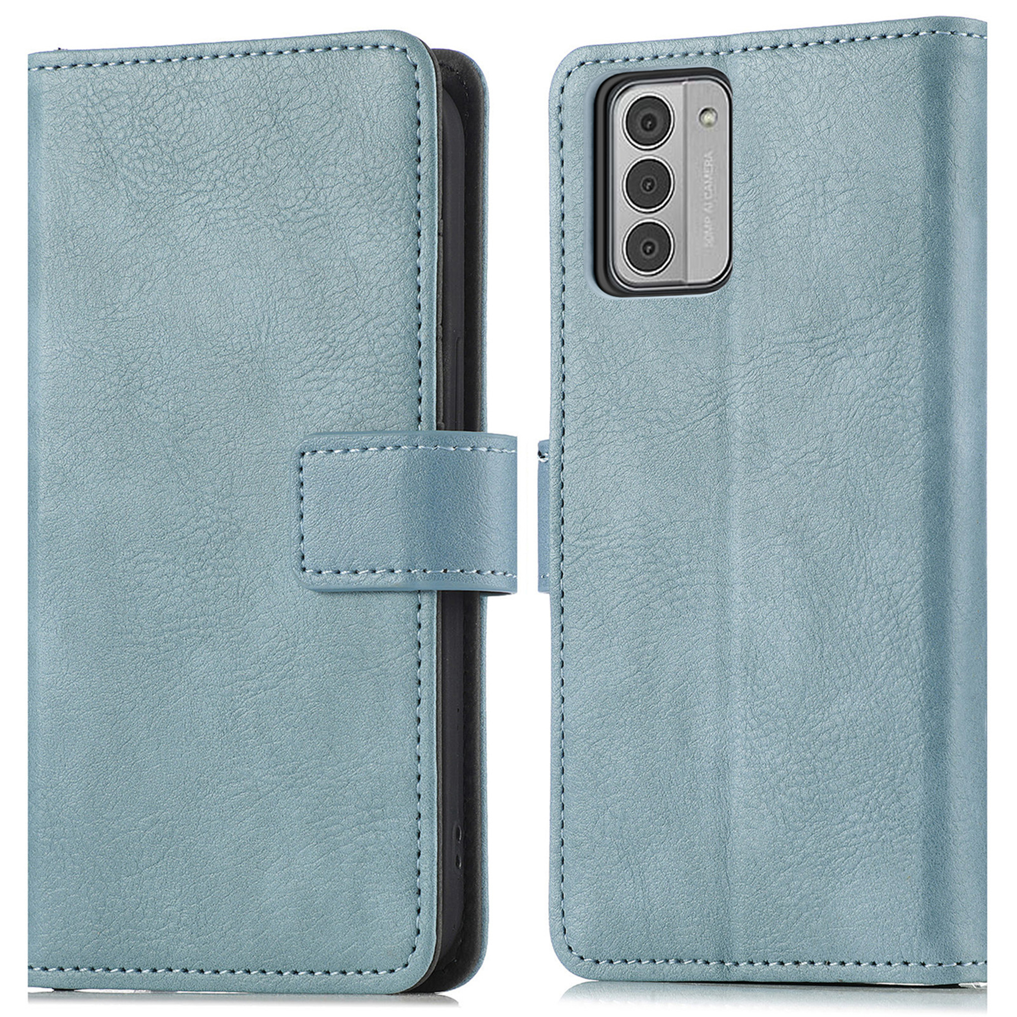 Lichtblauwe telefoonhoes, leertextuur, met magnetische sluiting.