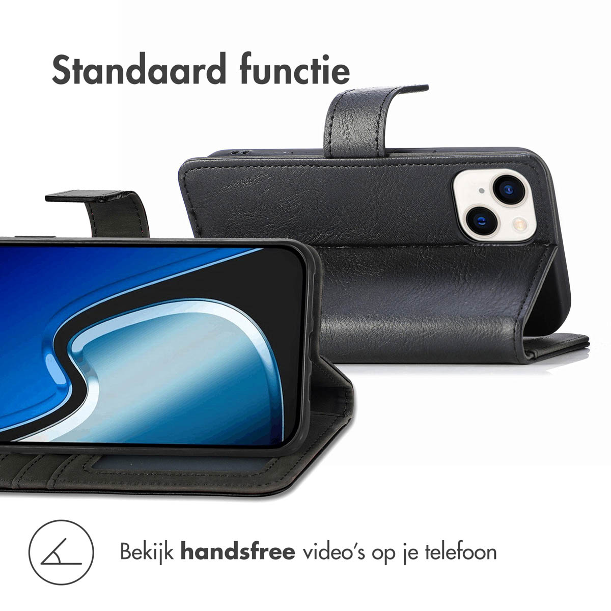 Zwarte telefoonhoes met open telefoon. Tekst: 'Standaard functie' en 'Bekijk handsfree video's op je telefoon'.