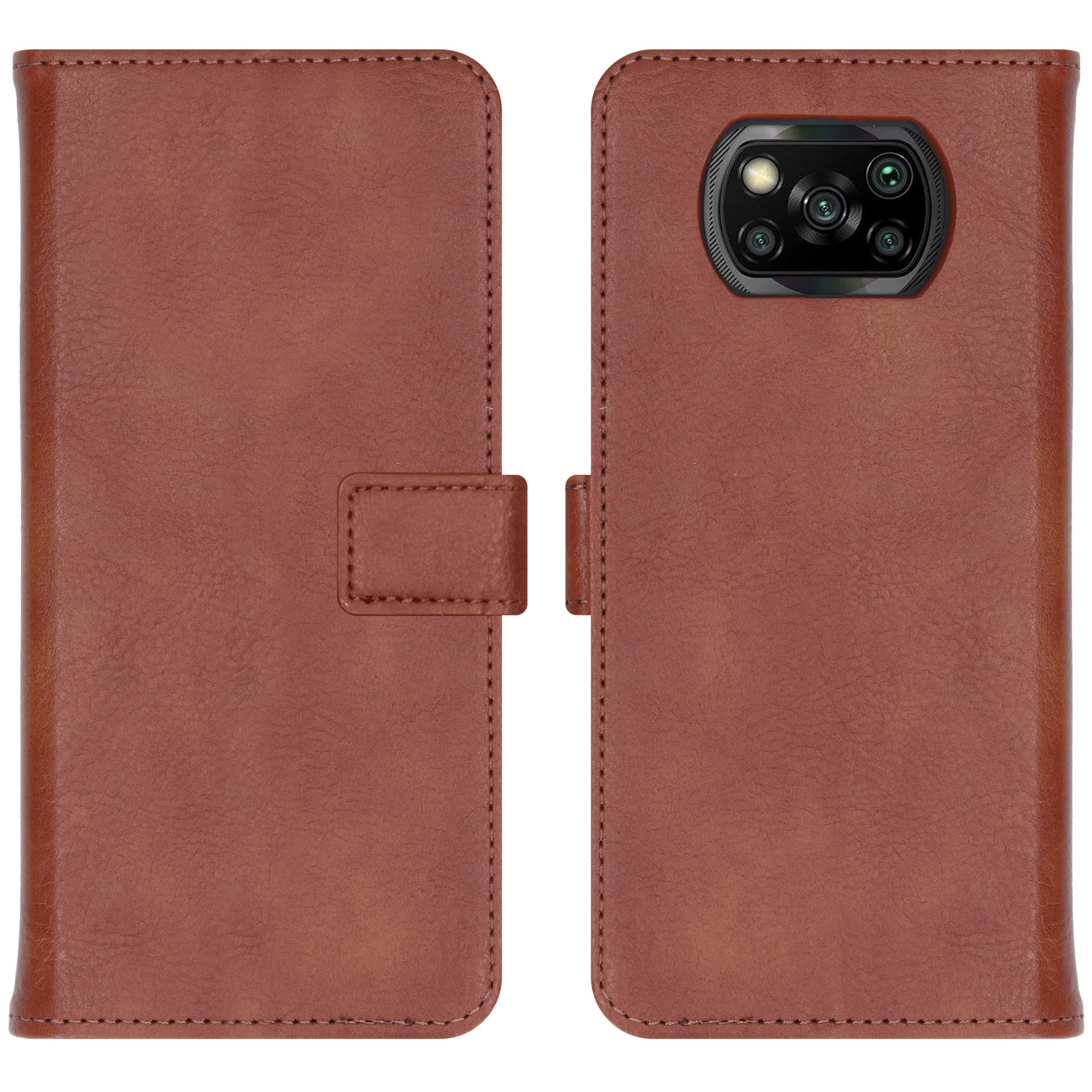 Étui de téléphone en cuir marron, ouvert, montrant le bloc caméra et le fermoir.