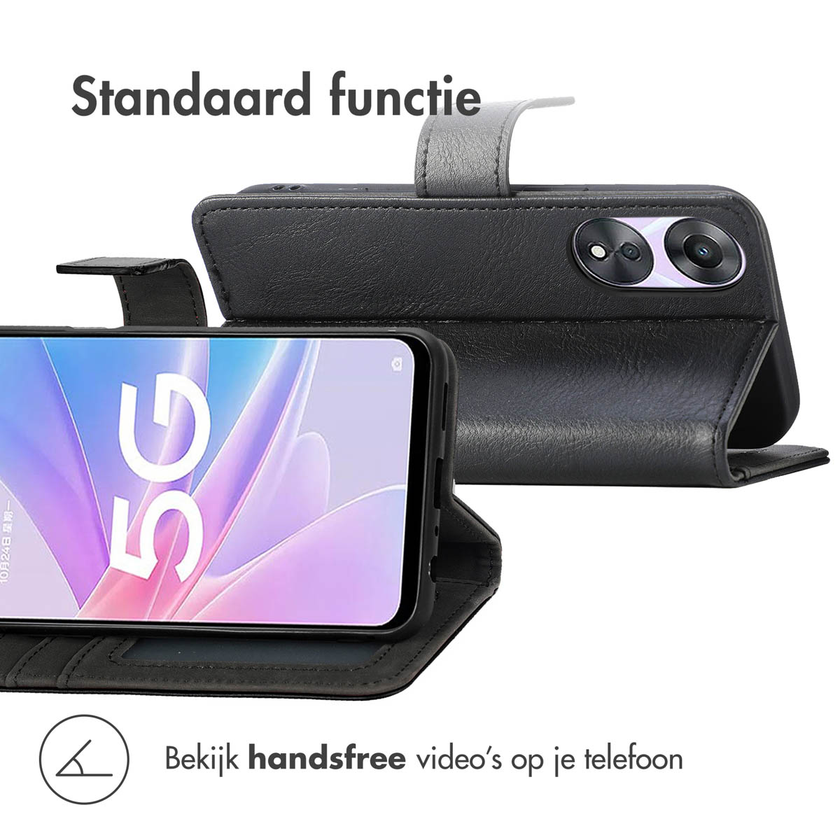 Een zwarte flipcase voor mobiele telefoon met 5G-scherm.