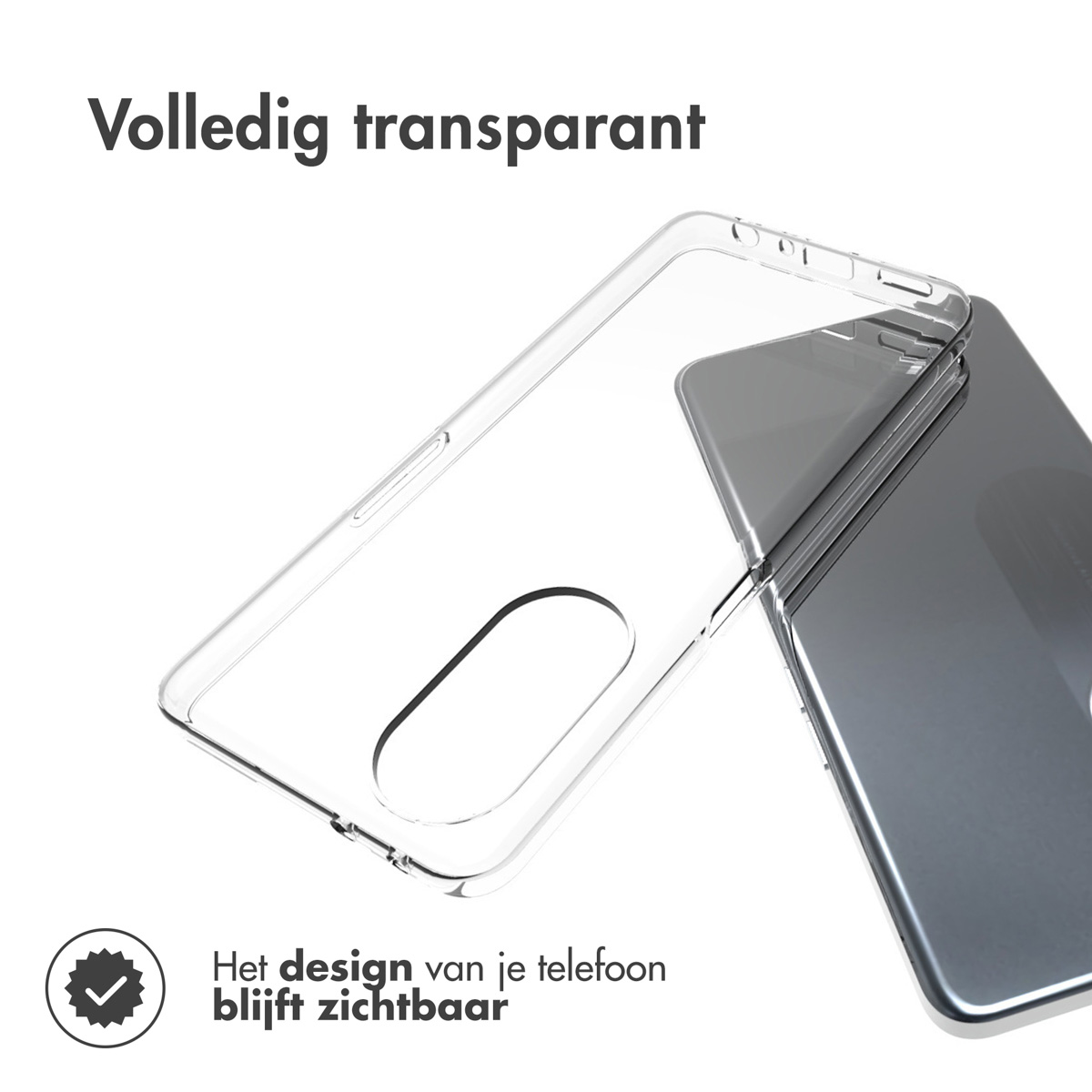 Custodia trasparente per telefono. Il telefono è visibile all'interno. Testo: Completamente trasparente. Il design del tuo telefono rimane visibile.