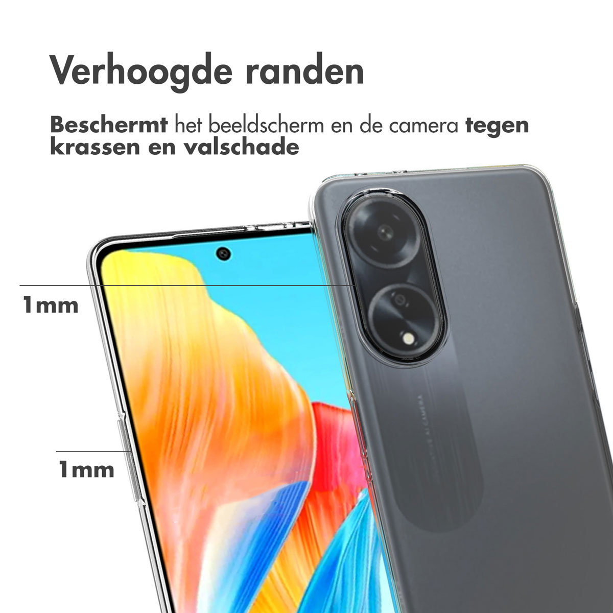 Gros plan de l'étui du téléphone. L'étui a un bord surélevé. L'étui est gris avec une découpe pour l'appareil photo.