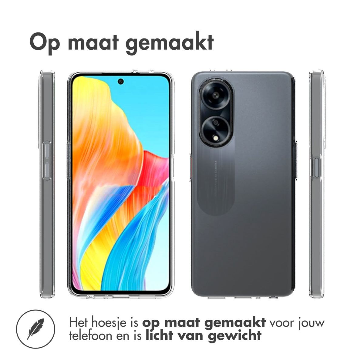Coque transparente avec un téléphone, montrant l'écran et la caméra.