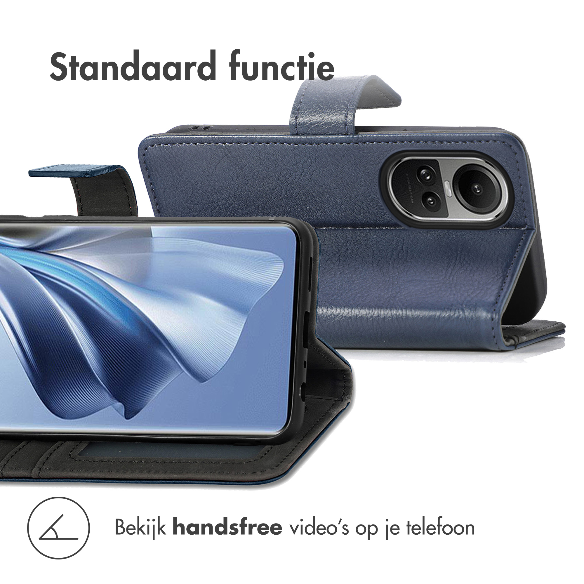 Blauw telefoonhoesje open, telefoon binnenin, met een blauwe tabsluiting. Tekst zegt handsfree video.