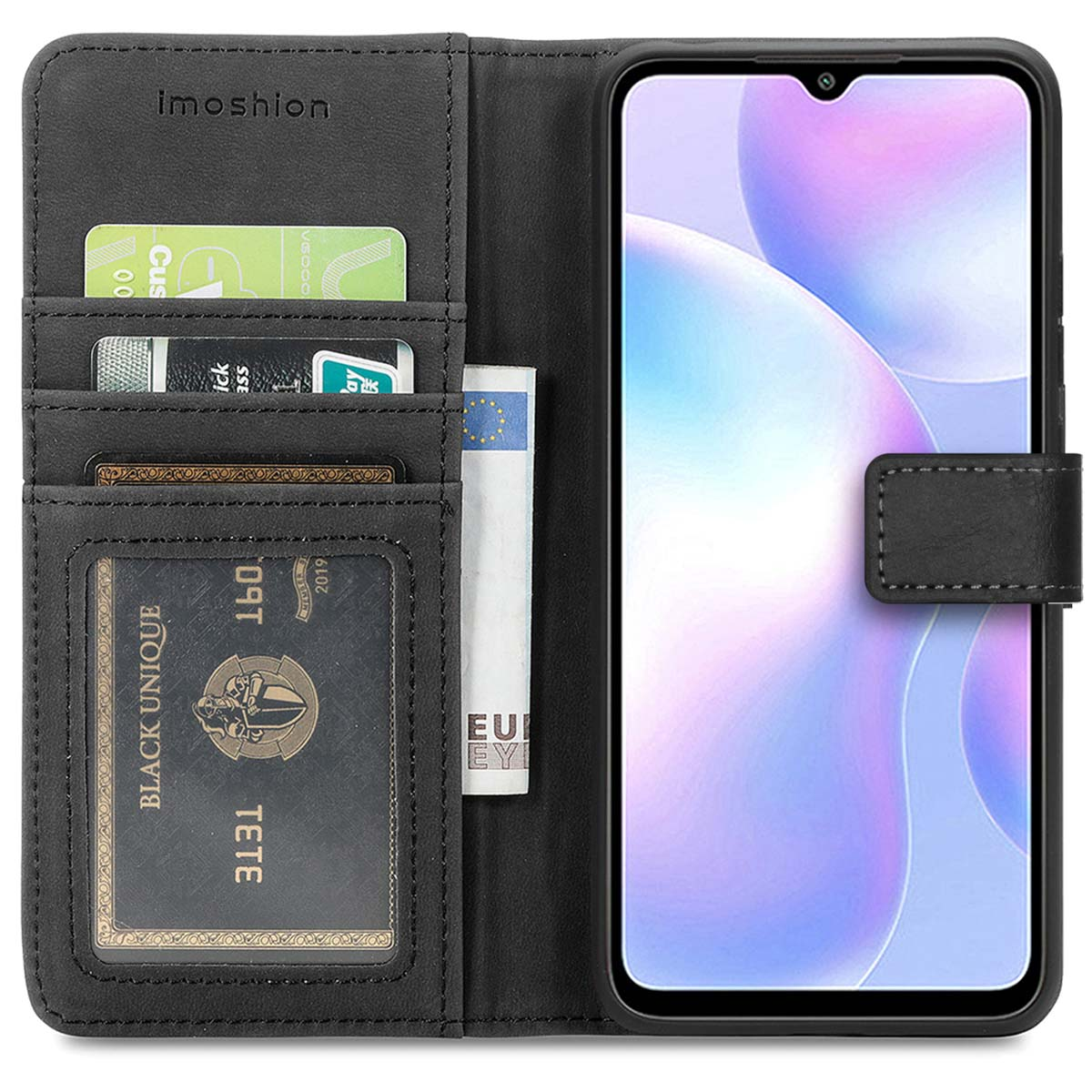 Portafoglio nero con slot telefono, porta carte e scomparto.