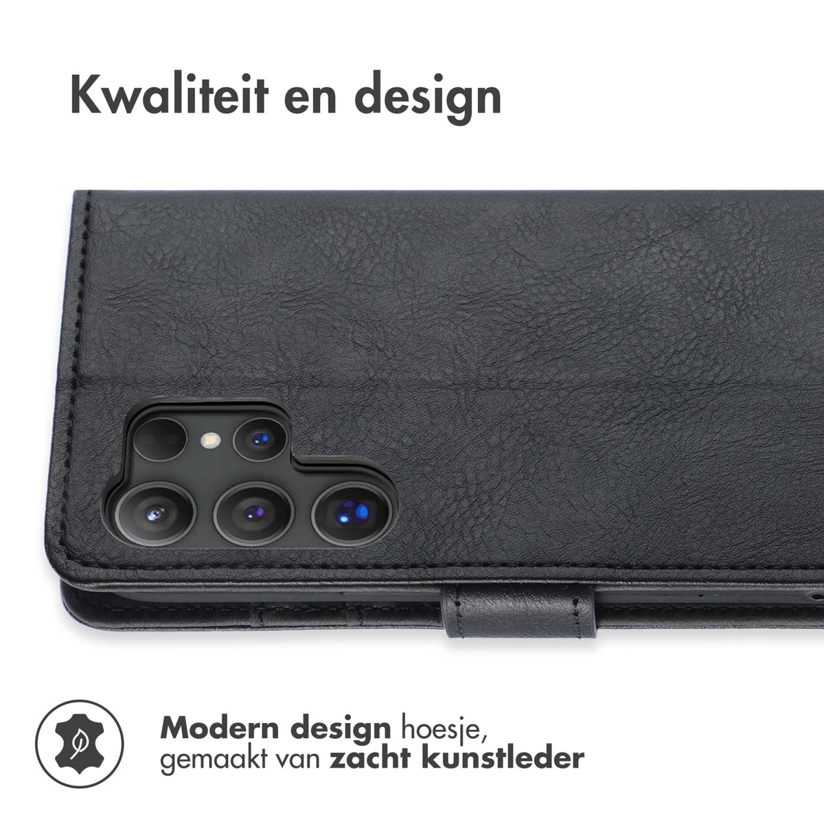 Coque de téléphone noire, avec découpes pour l'appareil photo. Texte 'Design moderne'.