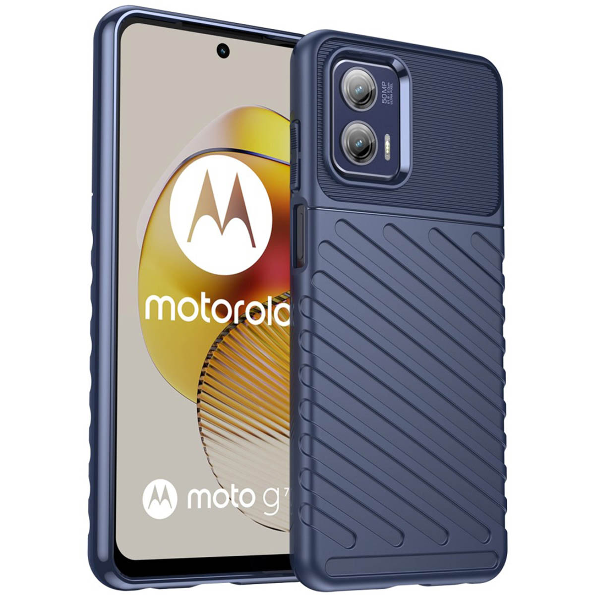 Blauw telefoonhoesje op een telefoon. Een motorola telefoon ligt ernaast.