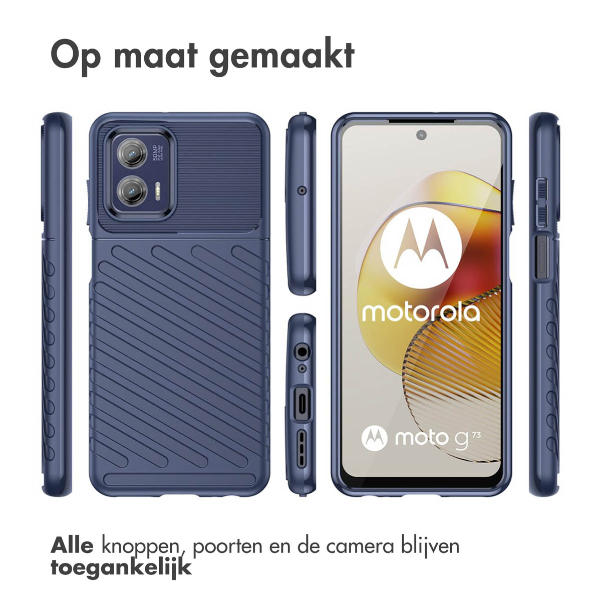 Verschillende aanzichten van een blauwe telefoonhoes, met een Motorola-telefoon erin.
