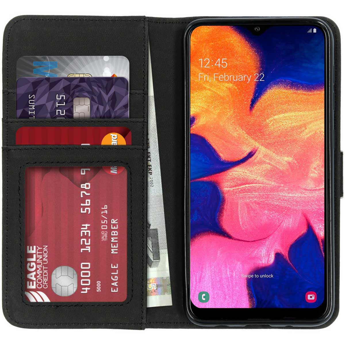 Zwarte telefoonhoes portemonnee met kaarten en contant geld. Een telefoon toont de datum.