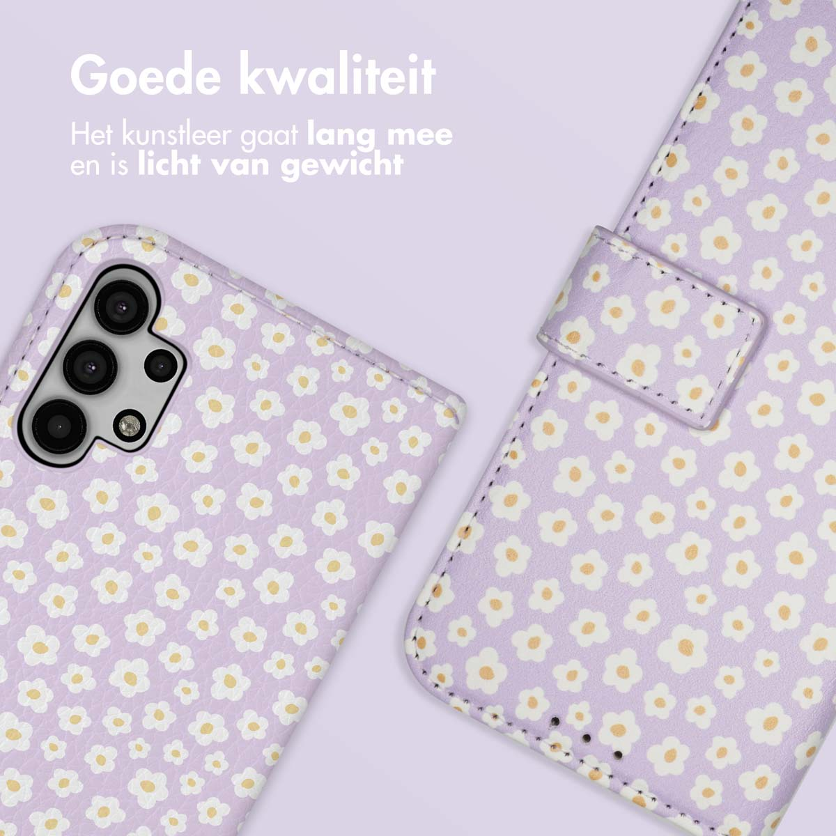 Paarse telefoonhoes met wit-geel bloemenpatroon en camera-opening.