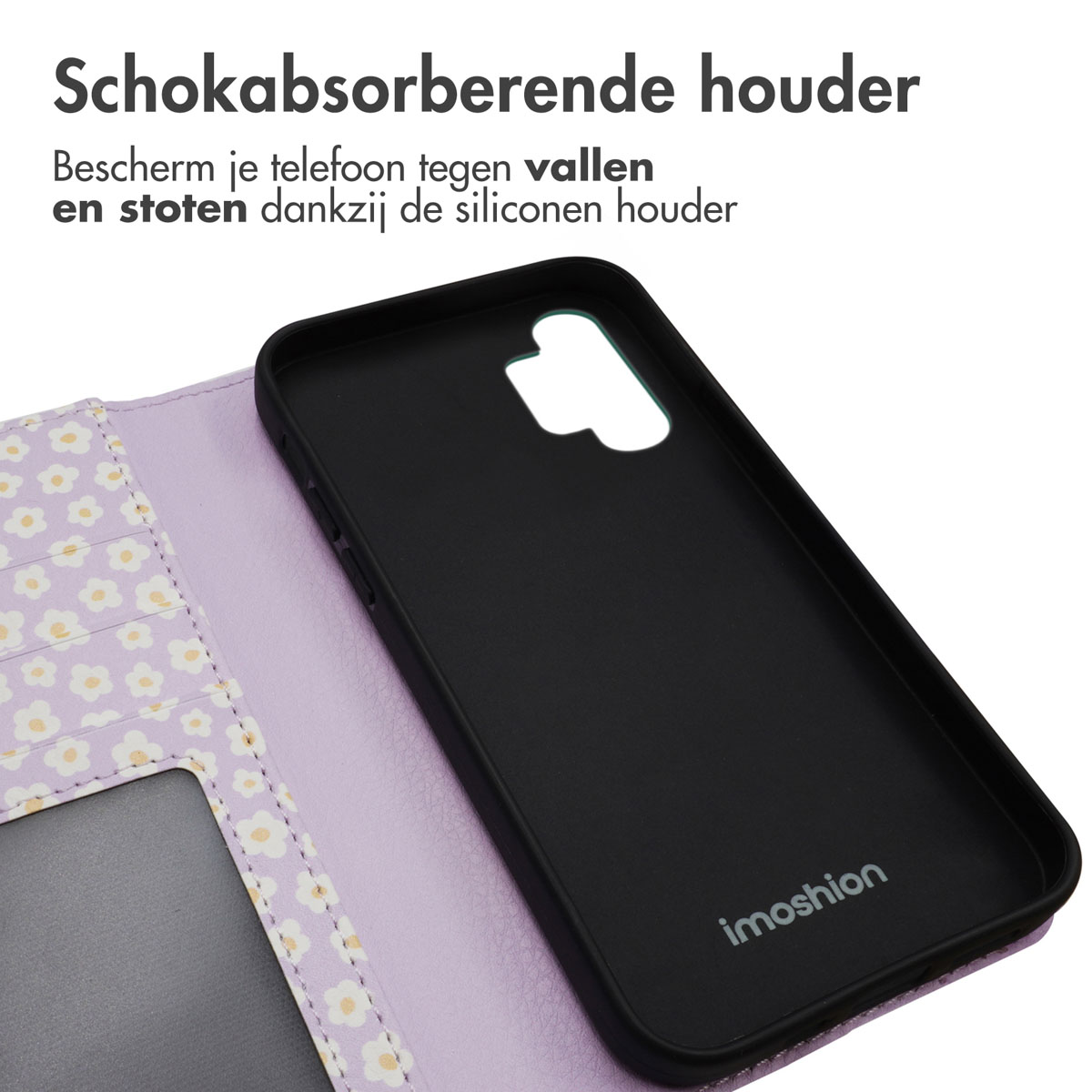 Zwarte telefoonhoes met bloemenpatroon op paarse achtergrond. Binnenkant met kaartsleuven.