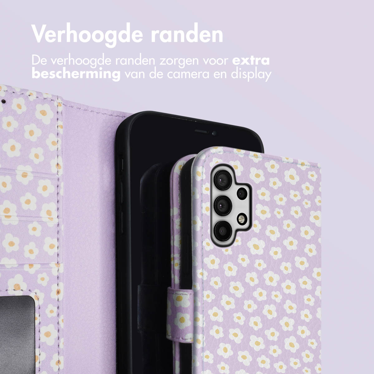 Paarse telefoonhoes met bloemenpatroon, met verhoogde randen voor camera en display.
